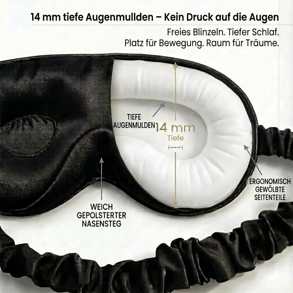 MATASSE Schlafmaske Seide 3D Aus 22 Momme Maulbeerseide Klasse 6A, Seiden Schlafmaske Mit Konturierten Augenmulden Für Damen Und Herren, Italienisches Design, Farbe: Schwarz