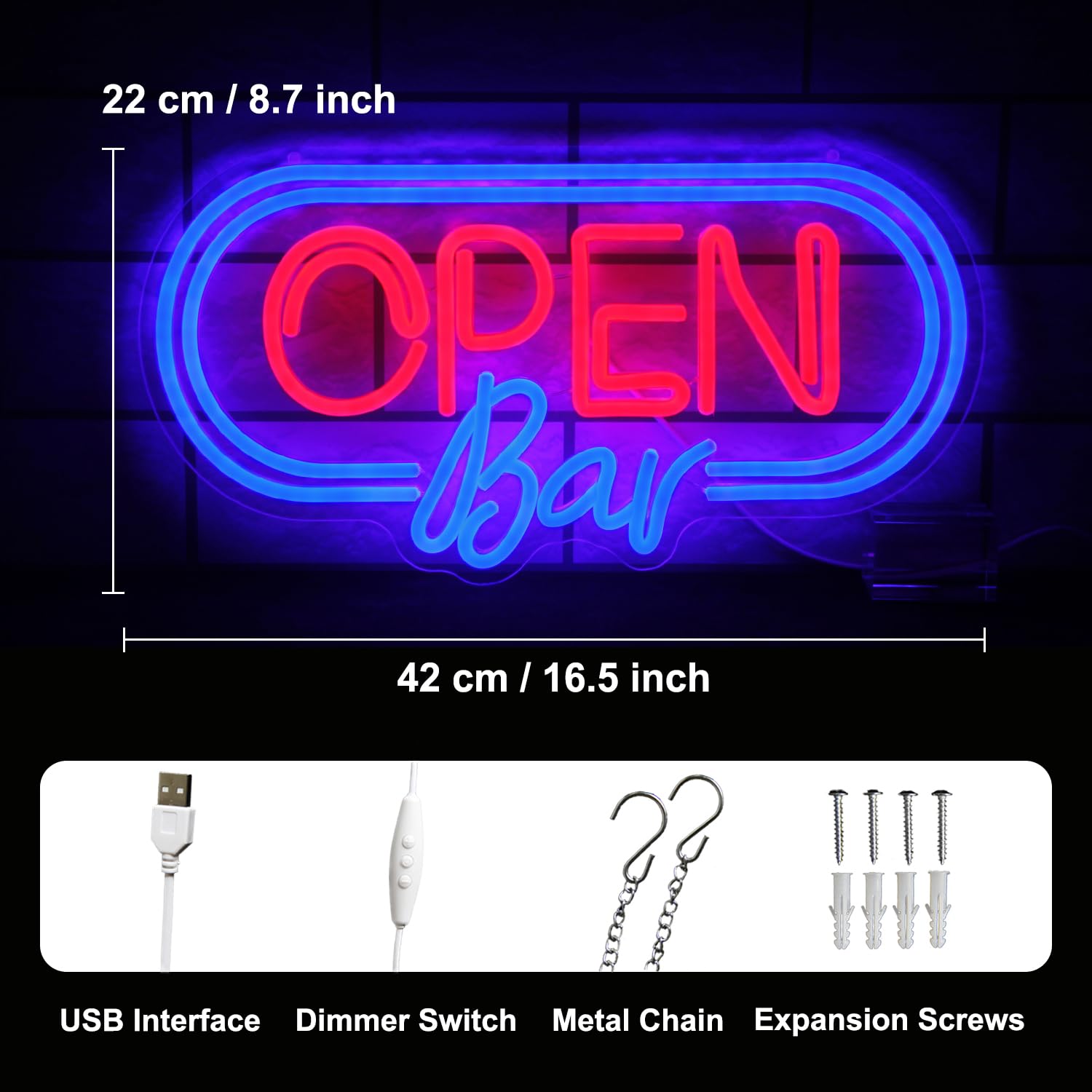 Bar Open Neon Sign Bar LED Sign Dimmable Open Neon Light Blue Red Letter Neon Wall Sign Business Neon Light Up Sign for Bar Pub Hotel Shop Club Man Cave Decor Party Sign Wall Art - Image 3