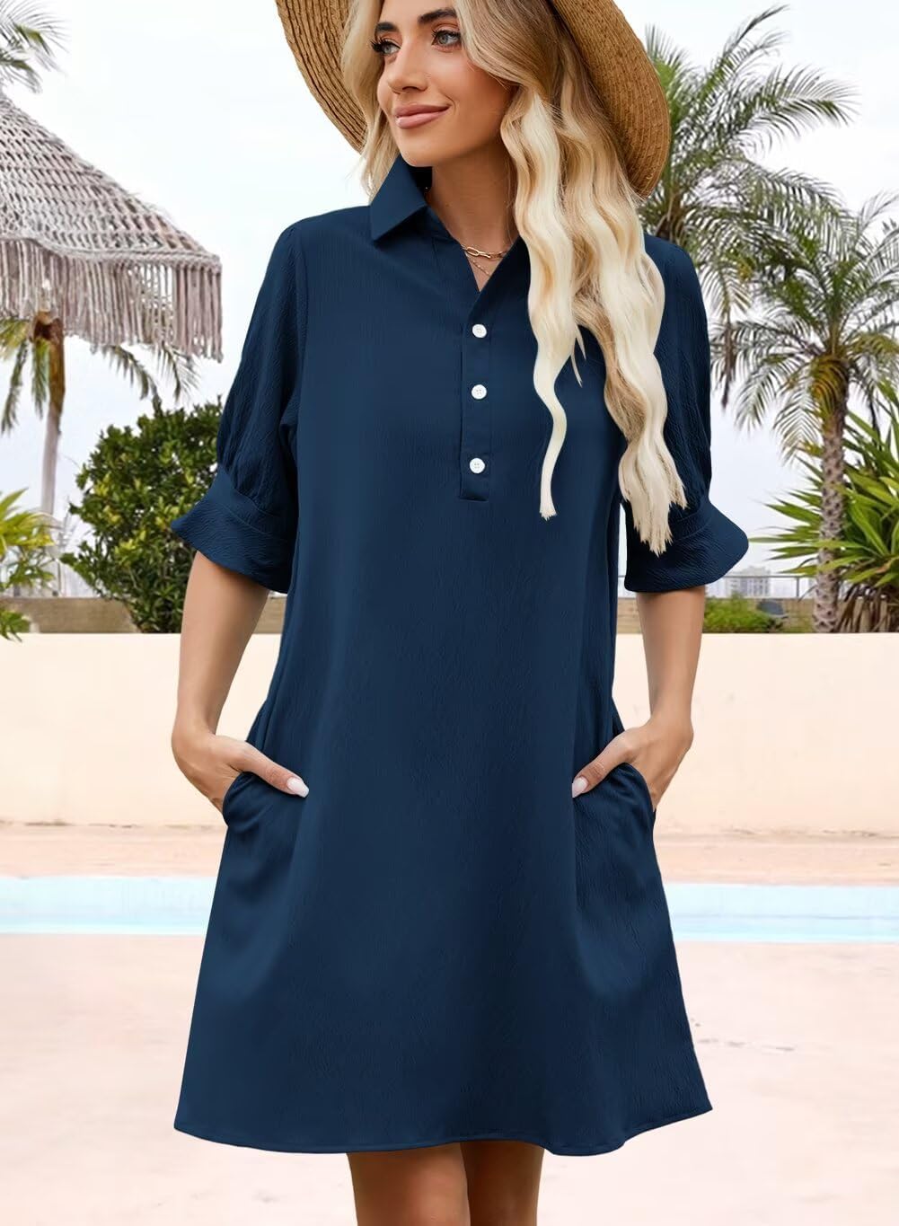 Womens Summer Shirt Dress 2026 Casual Ruffle Short Sleeve Button Down Flowy Swing Shift Mini Dresses with Pockets - Image 2