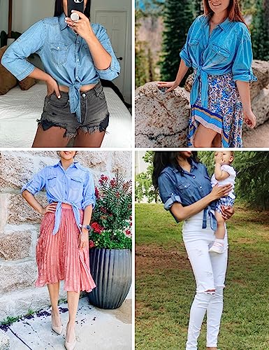 Amebelle Women's Roll Up 3/4 Sleeve Tie Front Knot Shirt Chambray Denim Crop Top (Light Blue, M) #TOP4