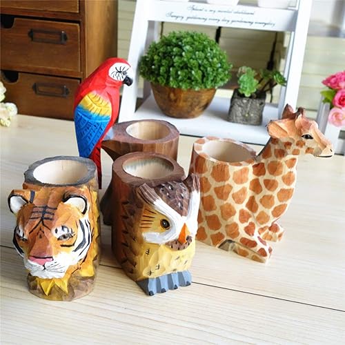 Miniatura 3 de Soporte para lápices de escritorio de madera, creativo hecho a mano tallado en madera de animales de dibujos animados para bolígrafos y lápices,