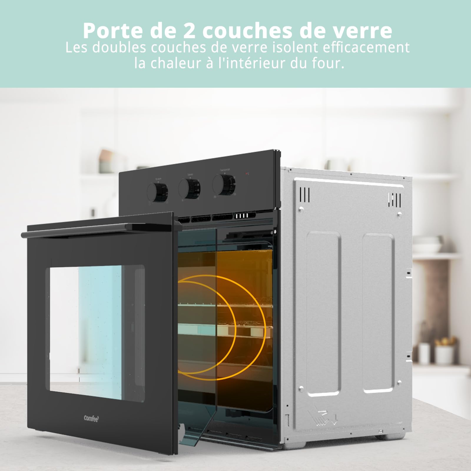 Comfee' CBO60M80M1-BK Four encastrable 60 cm 60 litres 8 fonctions frire à air cuisson plusieurs phases porte amovible nettoyage vapeur Noir