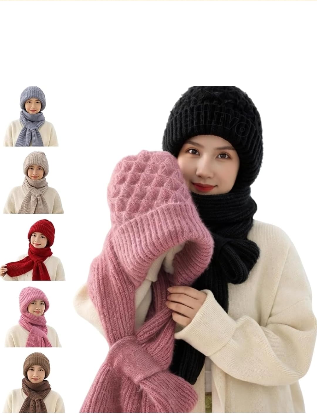 Winter Knit Hat and Scarf Set, Warm Woolen Cap with Matching Muffler, Cream White, Ribbed Pattern with Fringe Tassels