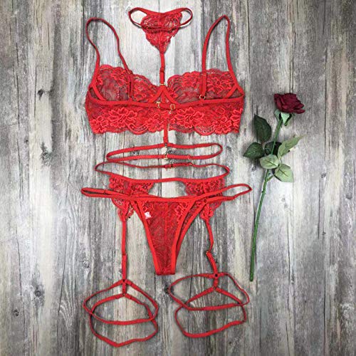 Conjunto de lingerie feminina sexy de renda, sutiã e calcinha cinta-liga, 3 peças, sutiã e shorts tr