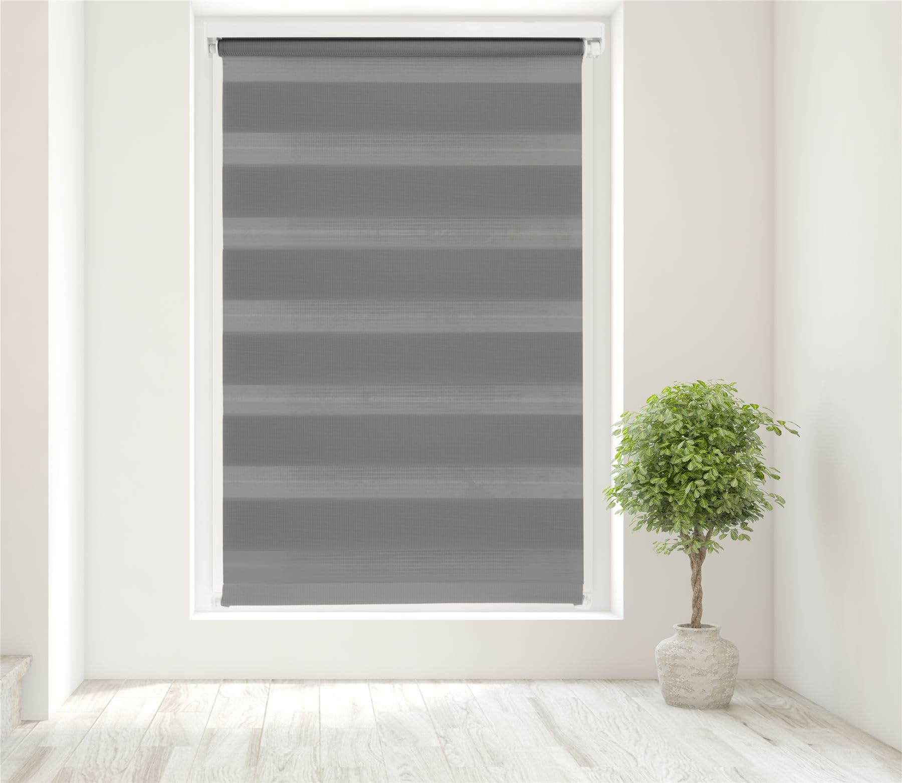 Caecus Dark Grey Day and Night Zebra Roller Blind Dual Layer Fabric Aluminium Rail Easy Fit Home Office Bedroom Kids Room Easy Fit 110cm Width x 210cm Drop