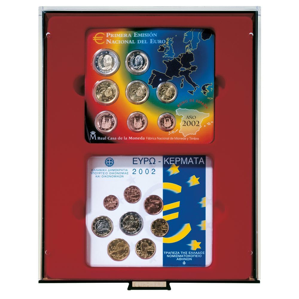 LINDNER Das Original d-Box RAUCHGLAS (Vidrio Ahumado) con casilleros rectangulares para 2 x 5 Originales Series de Monedas Euro de Curso alemanas en Flor de cuño (hasta 2014)