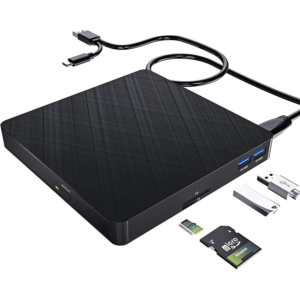 5 in 1 External CD DVD Drive, USB 3.0 &amp; Type-C Portable CD DVD Burner with SD/TF Card Reader and 2 USB Ports, External Optical CD/DVD Drives for PC Desktop/Laptop/Linux//Windows 11/10/8/7 (Black)