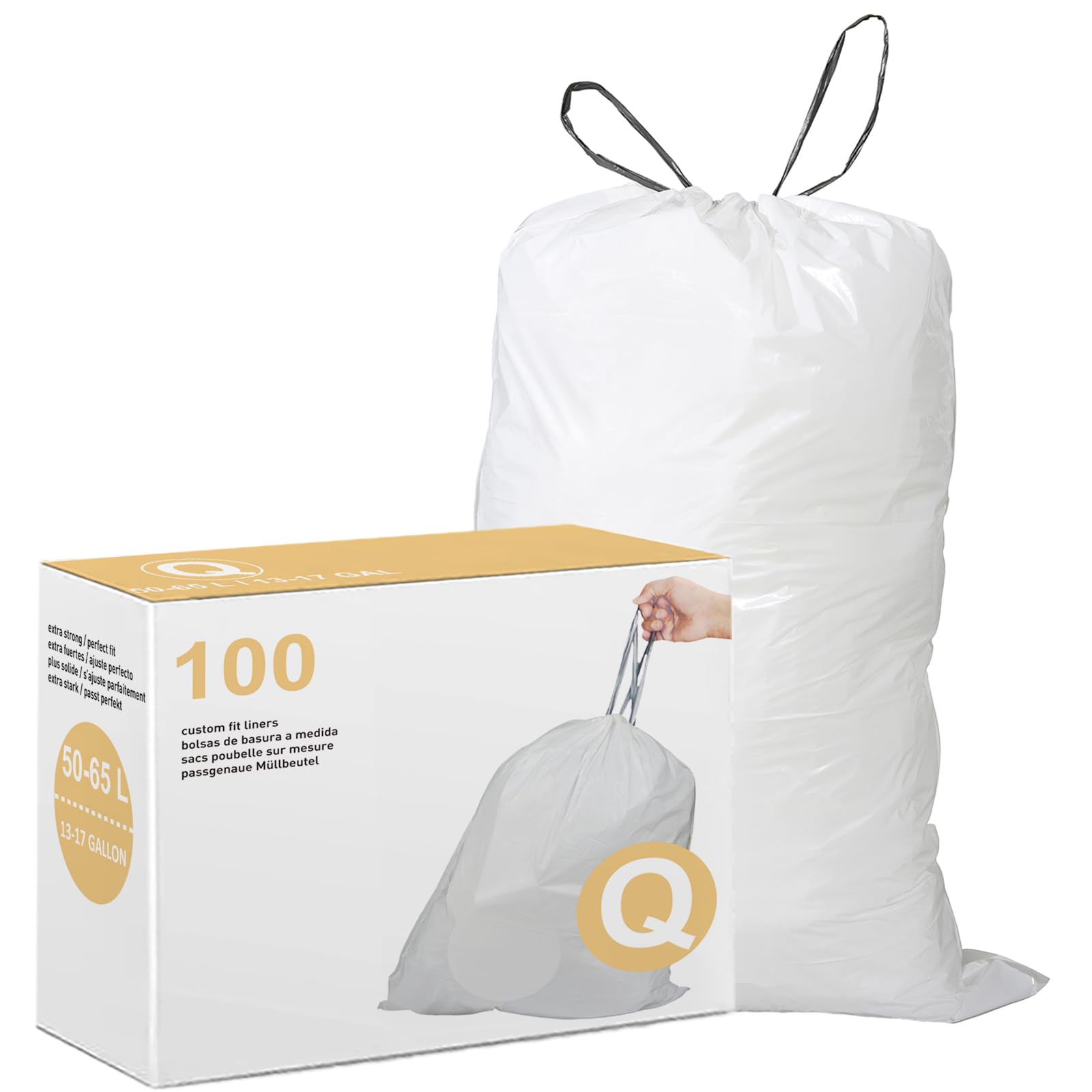 Code Q Drawstring Trash Bags Compatible with simplehuman Code Q | 13-17 Gallon 40-65 Liter | 100 Count | 1.2 Mil | Heavy Duty White Custom Fit Garbage Liners (Pack of 1)