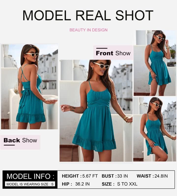 Dokotoo Women's Spaghetti Strap Dresses Scoop Neck Bow Backless Sleeveless Elastic Waist Ruffle Hem A-Line Casual Mini Dress - Image 2