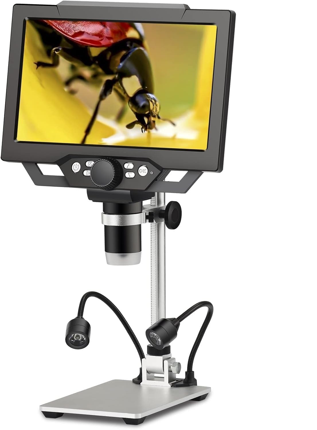 LCD Digital Microscope 7 Inch Screen 1200X Magnification Adjustable Stand Dual LED Light for Coin PCB Jewelry Insect and Scientific Observation