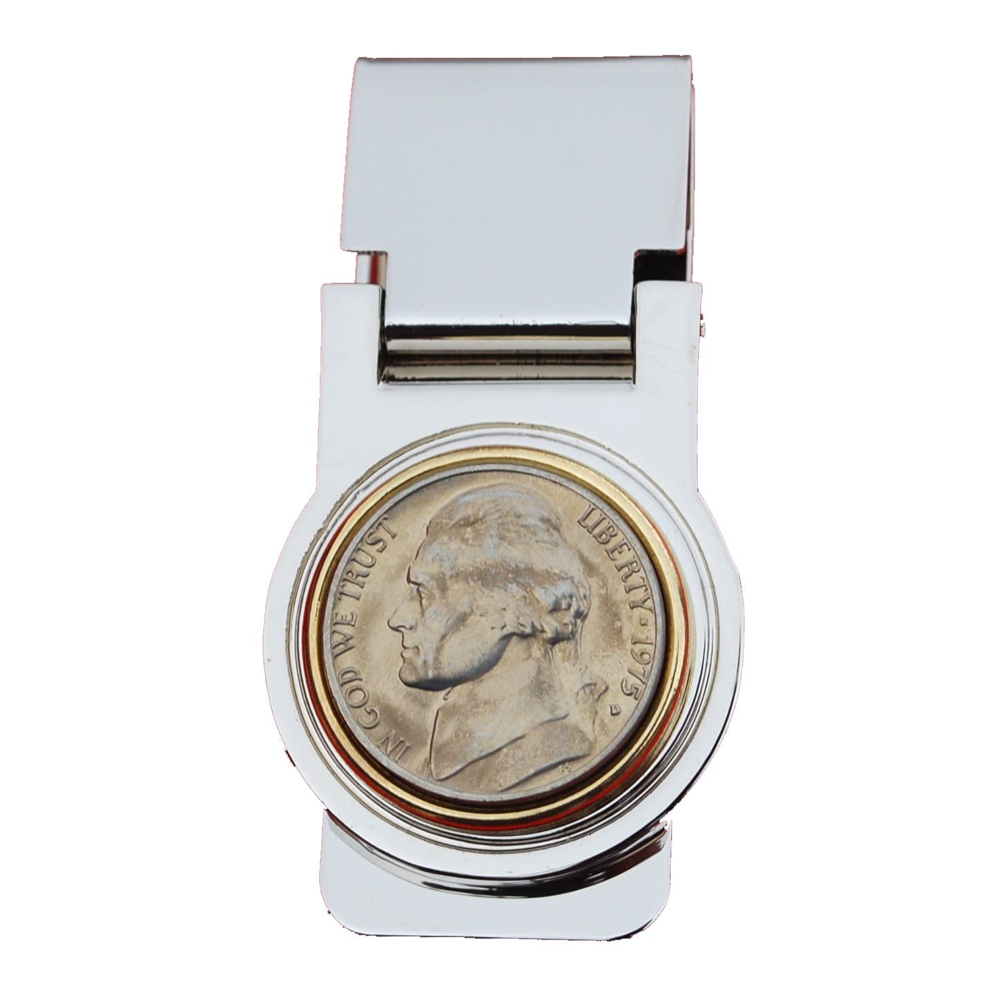 US 1975 Jefferson Nickel 5 Cent BU Unc Coin Two-Toned Hinged Money Clip NEW