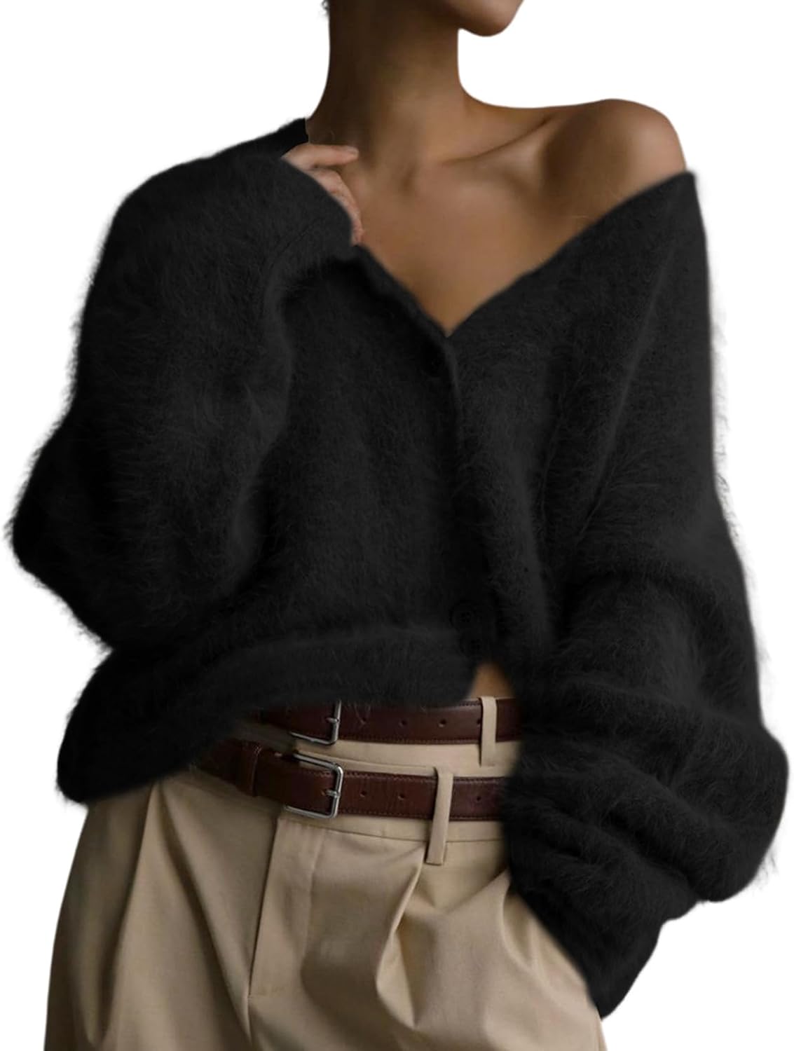 Flygo Womens Fuzzy Mohair Cardigan Sweaters V Neck Button Down Long Sleeve Fluffy Knit Open Front Slouchy Furry Sweater