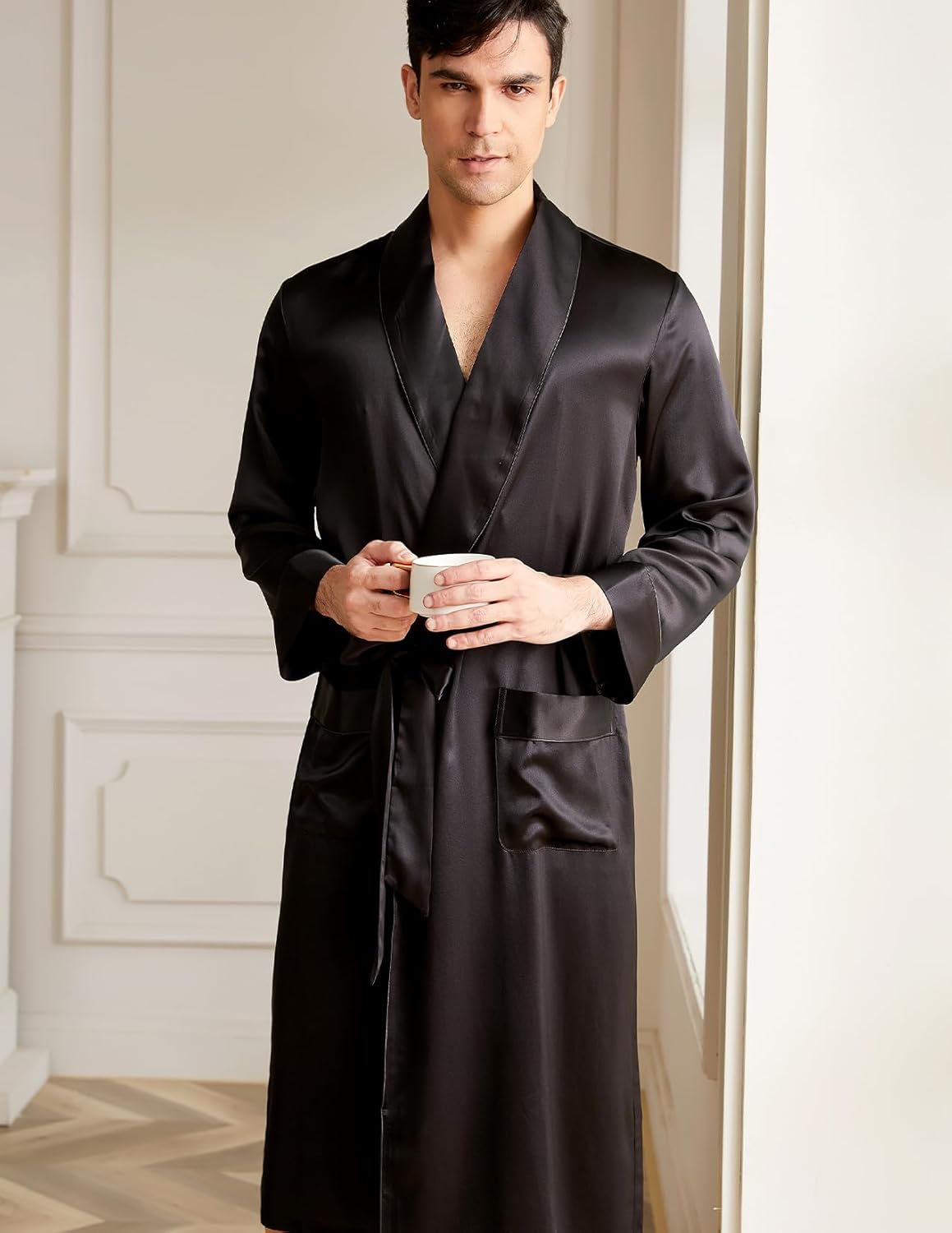 THXSILK Men’s Silk Robe Long Bathrobes, Luxury Lightweight Sleepwear, Two Pockets, Pure Mulberry Silk loungewear