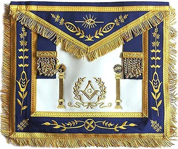 Navy Blue Apron Master Mason Square G & Pillars Symbolism Apron With Gold Fringe