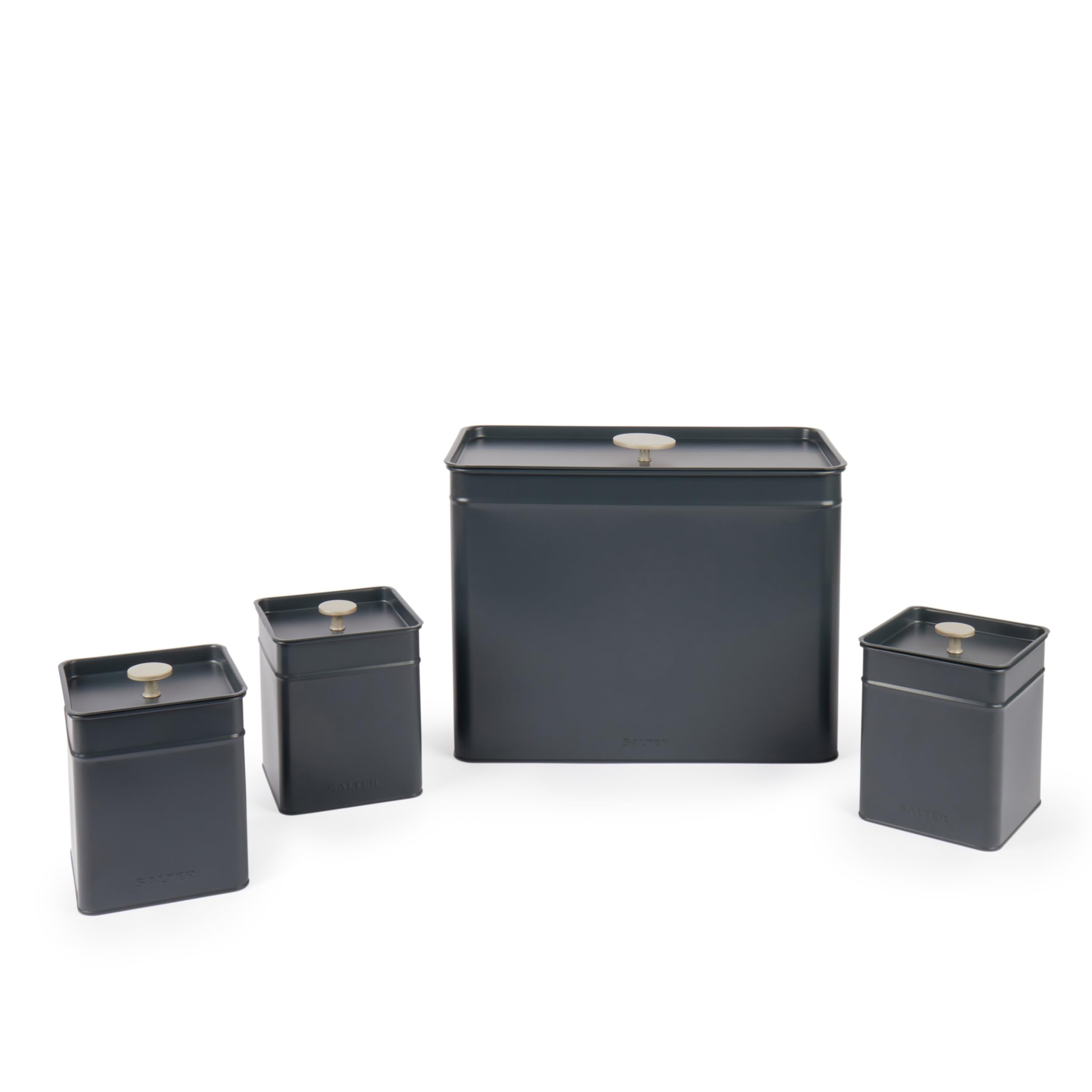 Salter Marino Storage Canister Set – 4-Piece Kitchen Containers, Bread Bin/Tea/Coffee/Sugar Tin, Square Countertop Organiser Caddy Boxes, Easy Clean, Keep Food Fresh, Blue Grey