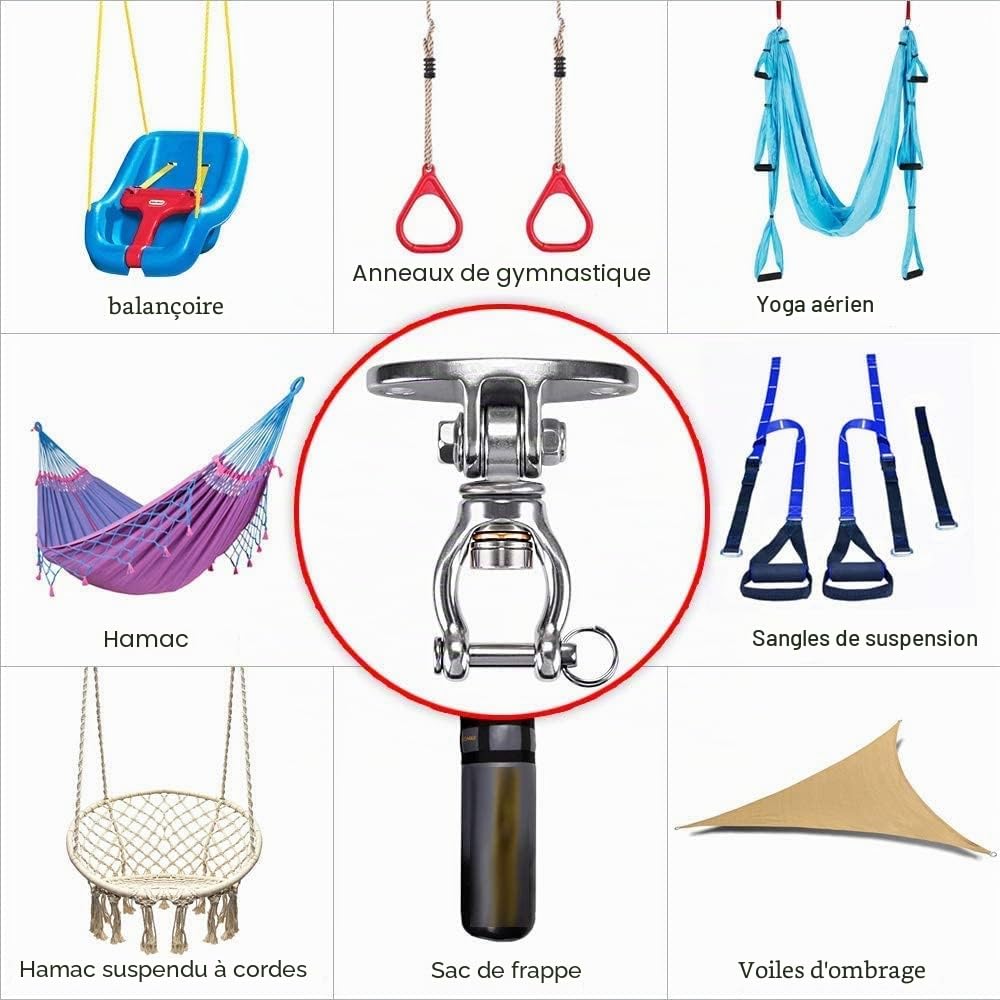 SELEWARE d'une capacité de 760 kg Rotation à 360°, Crochet de Plafond en Acier Inoxydable SUS304 pour balançoire, Crochet de Suspension avec vis pour béton, Bois, Jeux, terrasse, trapèze, Yoga.