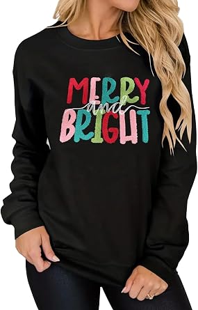 Women Merry and Bright Funny Chenille Patch Letter Printed Xmas Sweatshirt