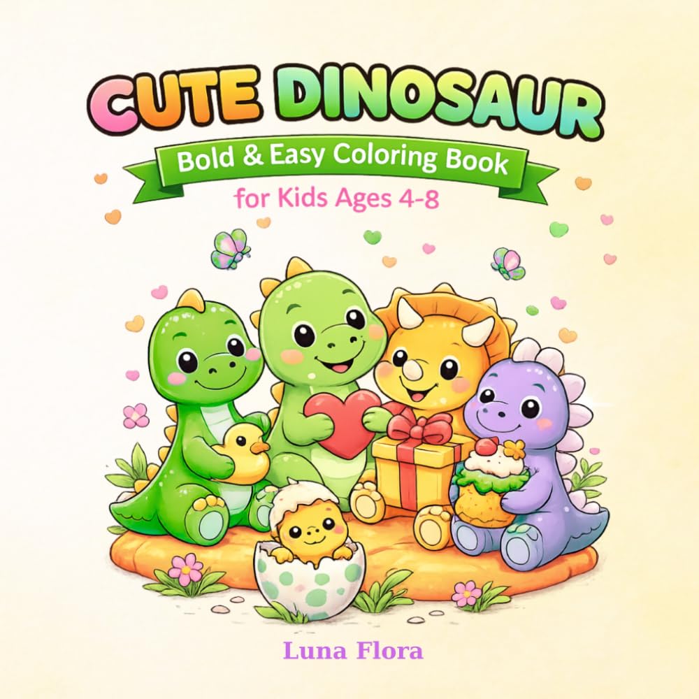 Cute Dinosaur Coloring Book for Kids Ages 4-8: Fun & Easy Dinosaur Coloring Pages with T-Rex, Triceratops, Stegosaurus, Balloons, Pizza, Ice Cream, ... (Bold & Easy Coloring Book for Kids Ages 4-8)