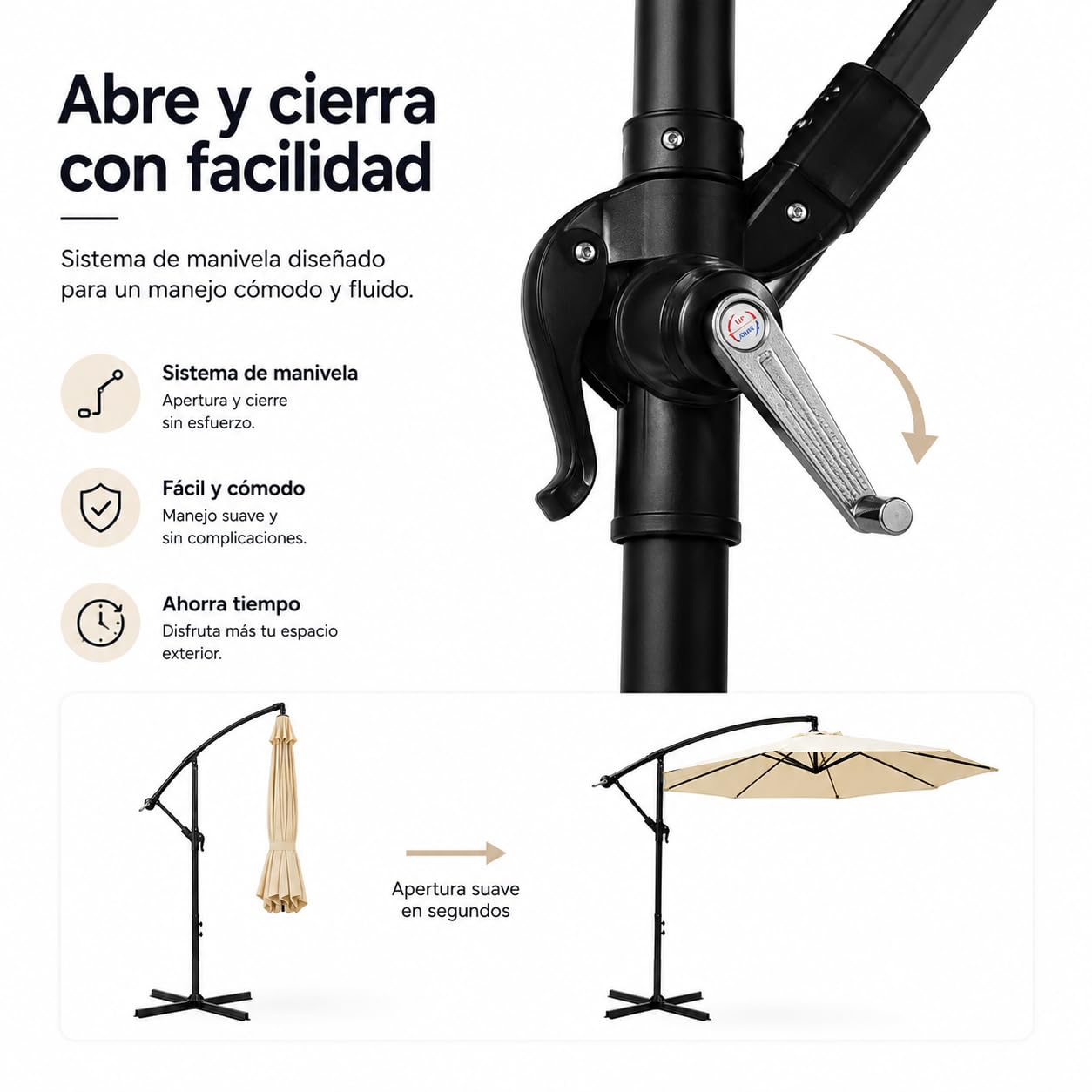 Sombrilla Terraza Exterior 3 m Lateral Inclinable 360° – Parasol Excéntrico de Jardín con Manivela, Mástil Lateral, Protección UV, Tejido Impermeable, Beige (sin base)