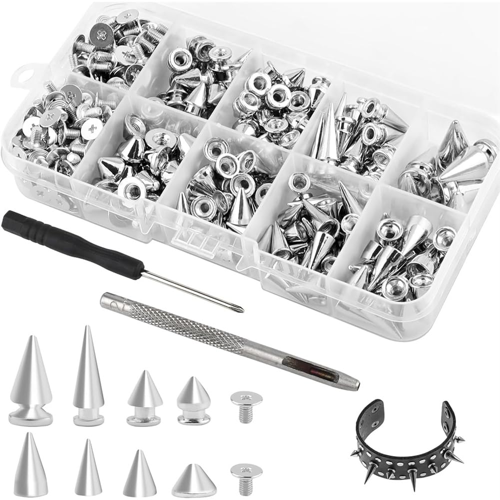 Jnchdghwa Silver Screwback Included 354 Sets Punk Spikes And Studs Kit, 8 Sizes Cone Tree Metal Studs For Leather Crafts For Jackets, Belts, Bags
