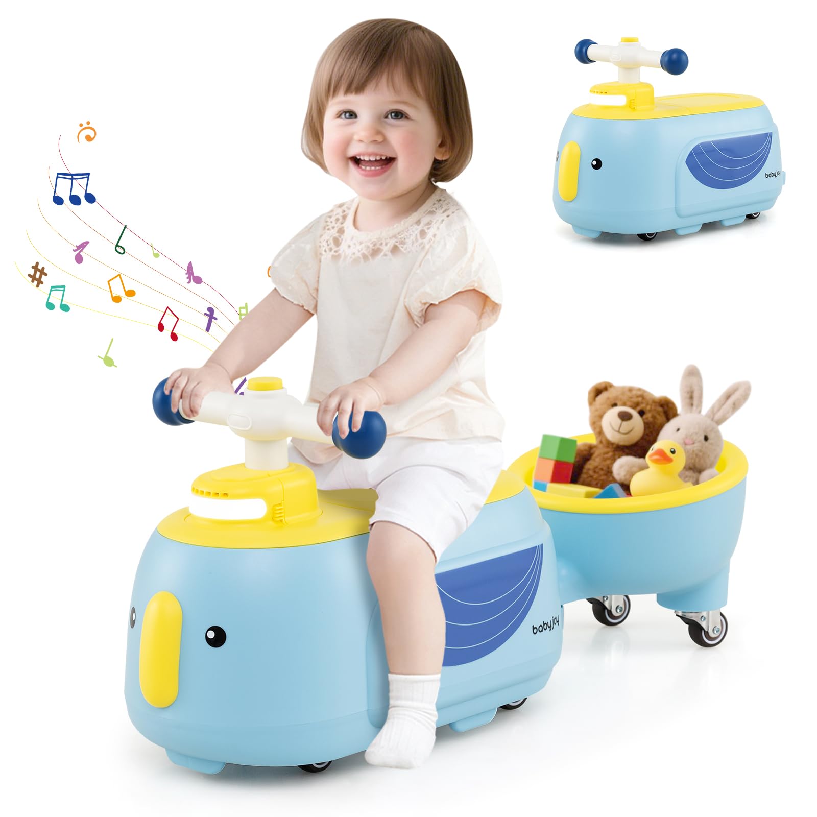 Costzon Toddler Ride On Toys, 2 in 1 Ride-On Scooter with Trailer, Light, Music &amp; Under-Seat Storage, Foot-to-Floor Sliding Car, Kids Riding Toy for 1+ Year Old Boys &amp; Girls (Blue)