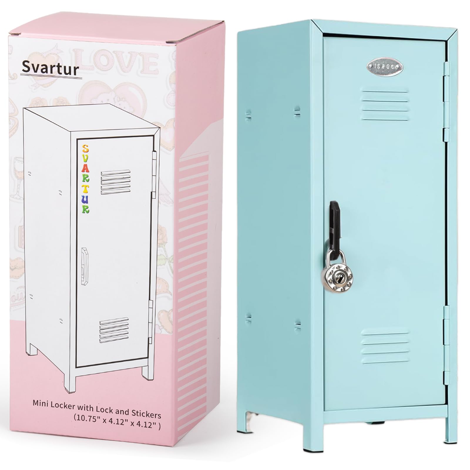 Mini Locker with Lock & Keys, Stickers, Metal Small Locker for Desktop, Girls Lockbox Desktop Storage Organizer, Money Safe and Cash Lock Box for Girls Safe, Light Blue
