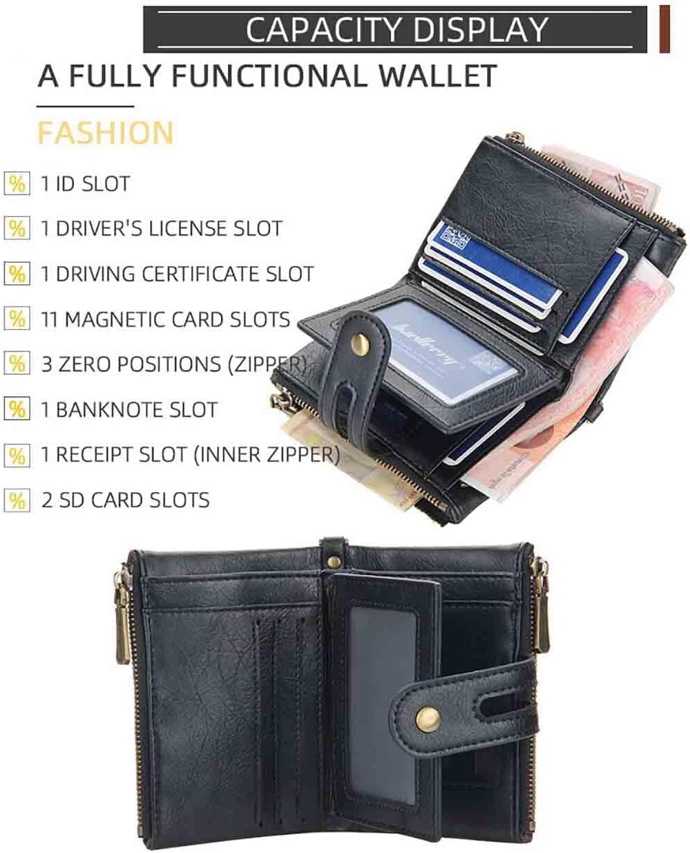 Vintage Y2K Double Fold Wallet with Chain - Short Multi Slot, Double Zipper (Coffee) - Image 6