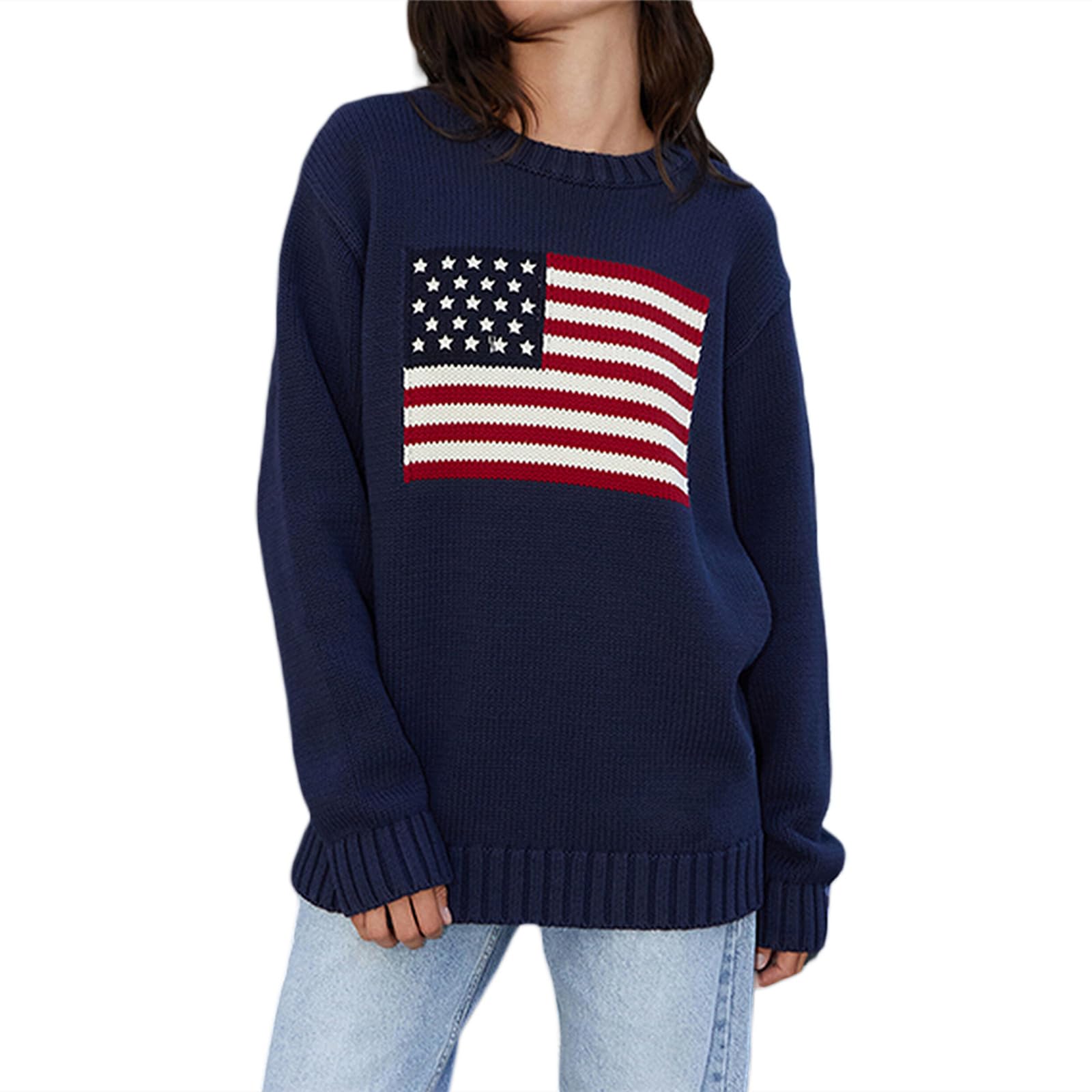 Women's American Flag Sweater Vintage Star Print Long Sleeve Crew Neck Sweater Top 4th of July Knit Top