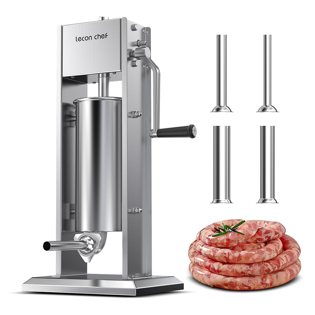 Poussoir à Saucisses Manuel 5 L, Machine à Saucisses en Acier Inoxydable SUS304, Embosseuse à 2 Vitesses avec 4 Tubes, Poussoir à Viande pour Cuisine
