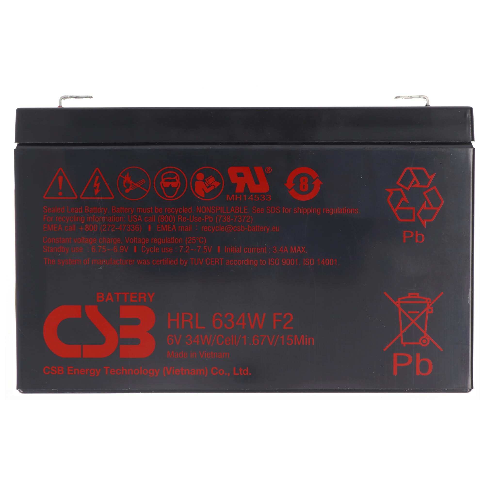 CSB HRL634W Batterie au plomb AGM 6 V 5,6 Ah 34 Wh 151 x 34 x 98,3 mm Faston 6,3 mm