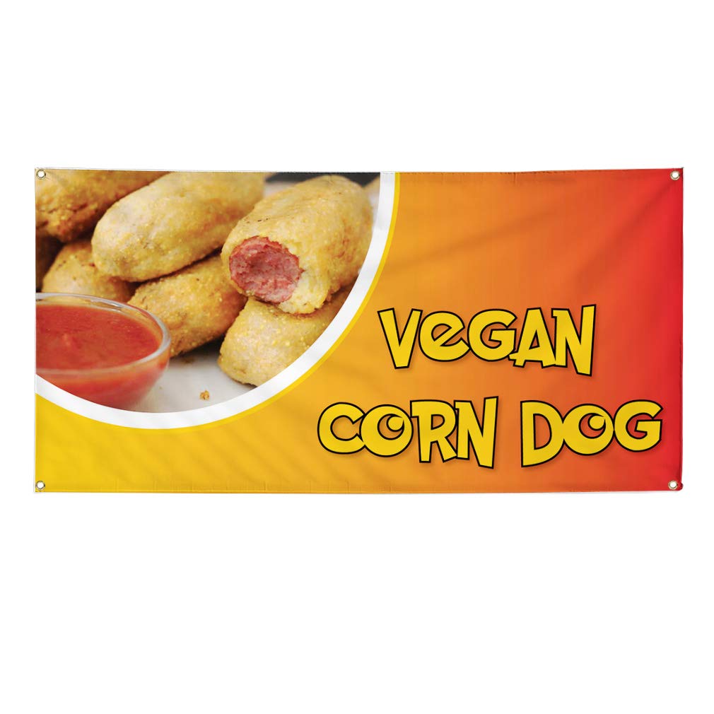Vinyl Banner Multiple Sizes Vegan Corn Dog Outdoor Advertising Printing Food & Beverage Outdoor Weatherproof Industrial Yard Signs Orange 4 Grommets 16x40Inches
