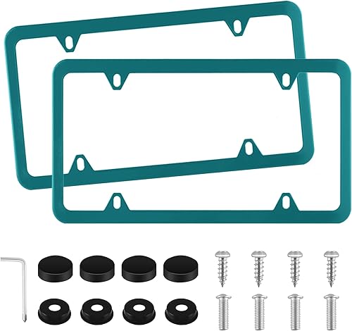 Amiss Paquete de 2 marcos de matrícula sólidos a prueba de óxido, 4 agujeros, cubiertas de placa de acero inoxidable, marco protector con tapas de