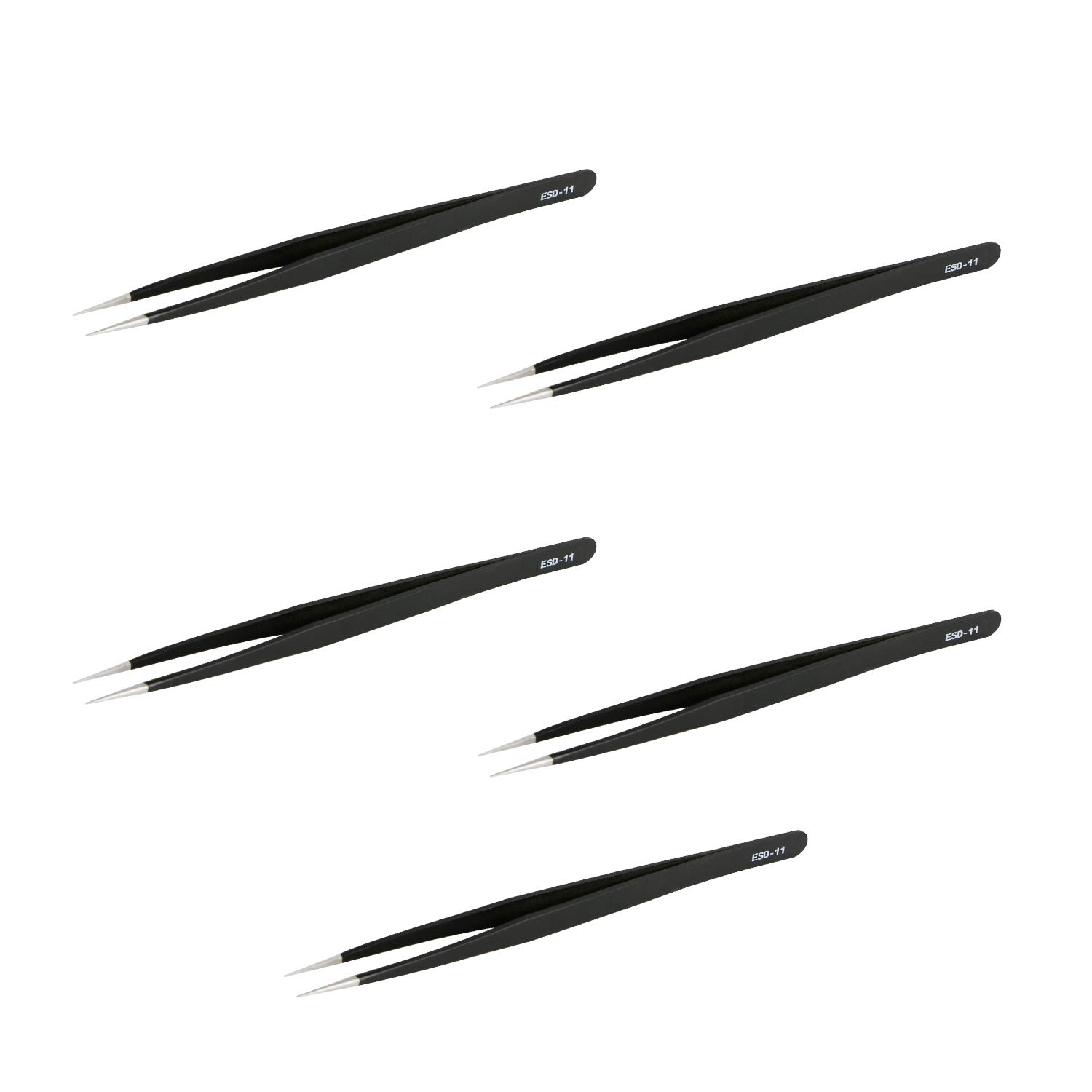 Aoje-Link ESD-11 Professional Anti-Static Precision Technology Tweezers, Non-Magnetic Fine Tip Straight, Stainless Steel Plastic Coated, Full Length 142mm, Black, 5pcs