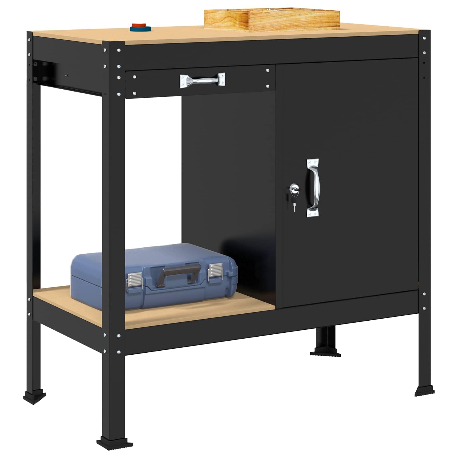 Banco da lavoro con ripiano nero in compensato e metallo, 90 x 49 x 91 cm, superficie di lavoro stabile con cassetto e parete forata per officina, garage, sala hobby organizzazione