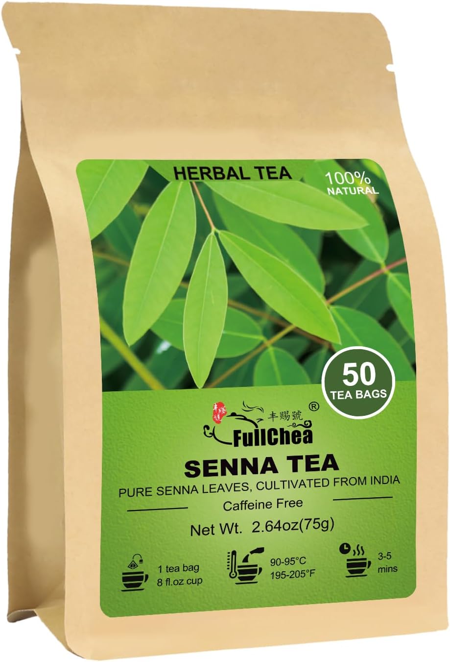 FullChea - Senna Tea, 50 Teabags, 1.5g/bag - Naturally Senna Leaf Tea for Constipation - Non-GMO - Caffeine-free - Support Digestion & Boost Immune System