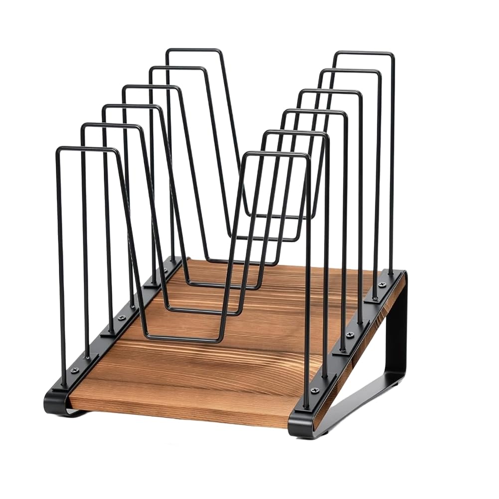 Jnchdghwa Inclined Desk File Organizer, 5-Section Vertical File Folder Holder Stand, Metal File Sorter Rack with Wooden Base