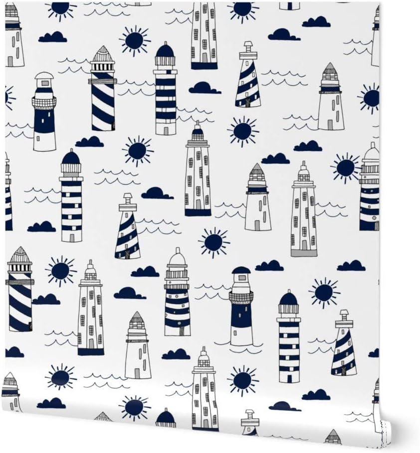 Spoonflower Peel & Stick Wallpaper 3ft x 2ft - Navy White Summer Nautical Ocean Sea Lighthouse Kids Custom Removable Wallpaper
