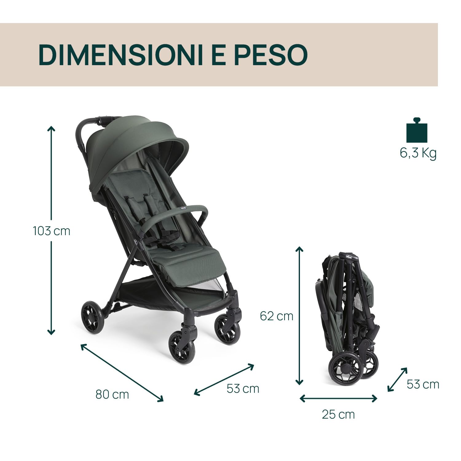 Chicco Urbino, Passeggino 0+ Mesi-22 Kg, Passeggino Leggero con Chiusura Smart e Compatta, Capotte Estensibile con Trattamenti UV50+ Antipioggia, Schienale Reclinabile e Regolabile, Poggiagambe, Verde