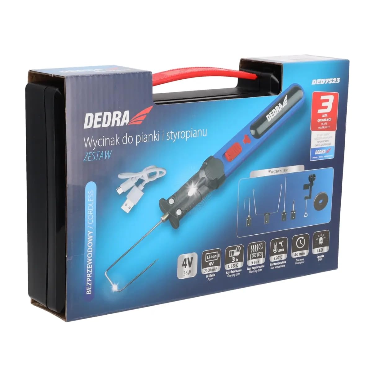 Wycinak do pianki i styropianu DEDRA DED7523, 4V do 550 st. C, bezprzewodowy, obróbka materiałów termoizolacyjnych, uniwersalne wejście USB-C, oświetlenie LED
