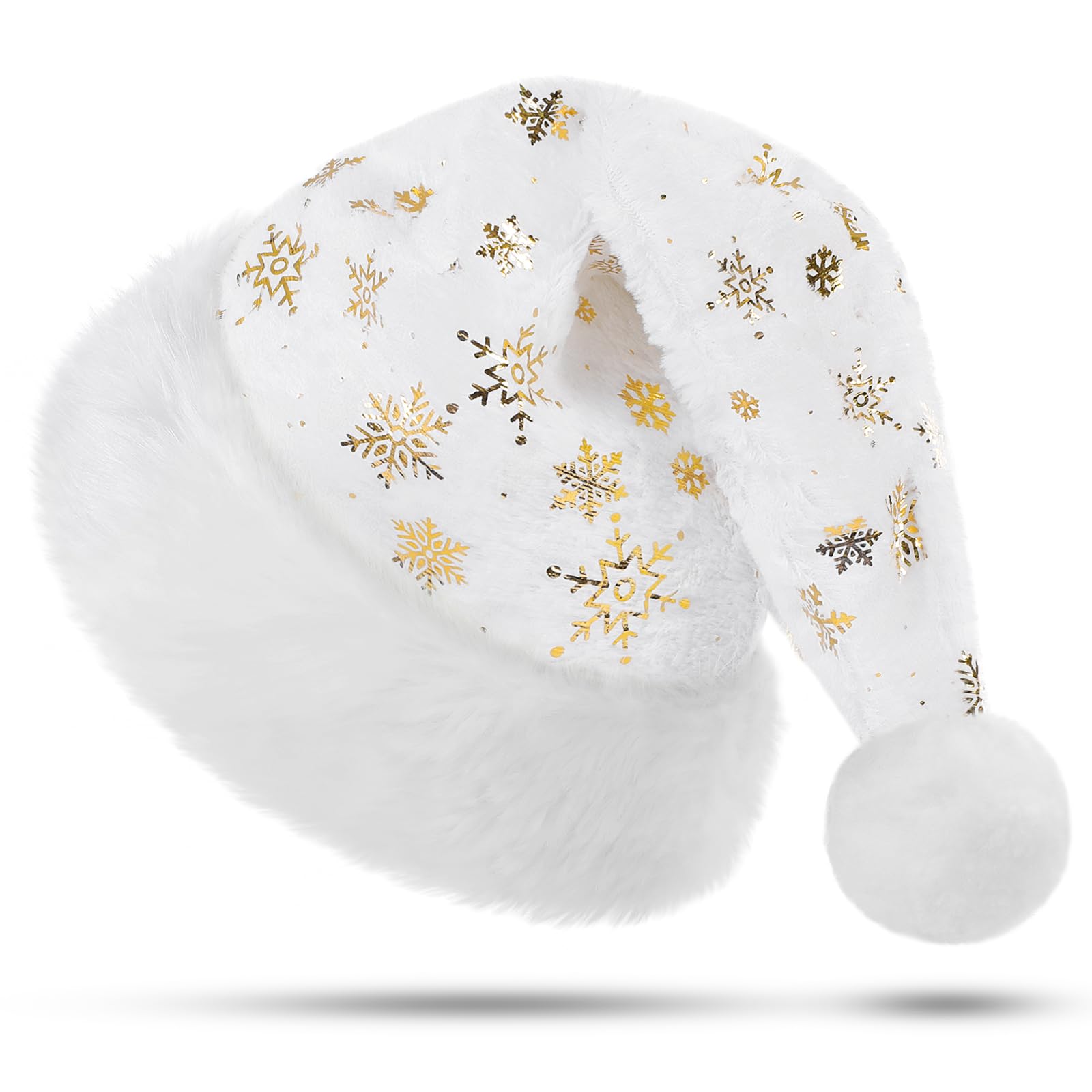 KONVINIT Christmas Santa Hat Festive Santa Clause Hat, Fluffy & Durable for Holiday Celebrations, White With Snowflakes, L-XL