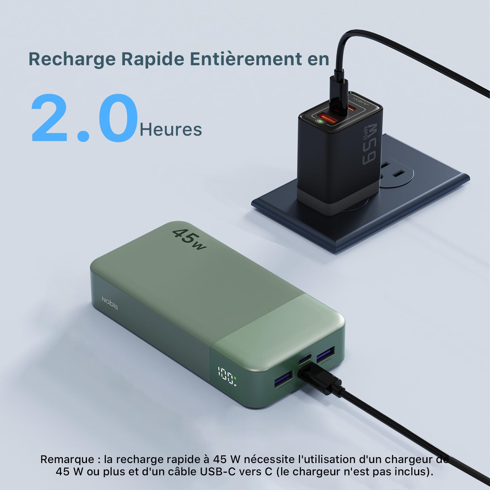 Nobis Batterie Externe 20000mAh Power Bank 45W Chargeur Externe Portable USB-C in & Out Charge Rapide, 4 Ports avec Affichage Numérique LED, Compatible avec MacBook, Phone 15 14 13 Pro S23 (Vert)