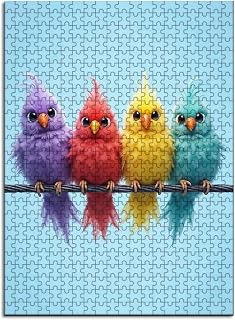 WRJGLS 500 1000 Piece Puzzle for Adults Four Colorful, Fluffy Birds on a Wire, Eco-Friendly Recycled Paper – Fun & Challenging Family Game Gift for Friends and Family
