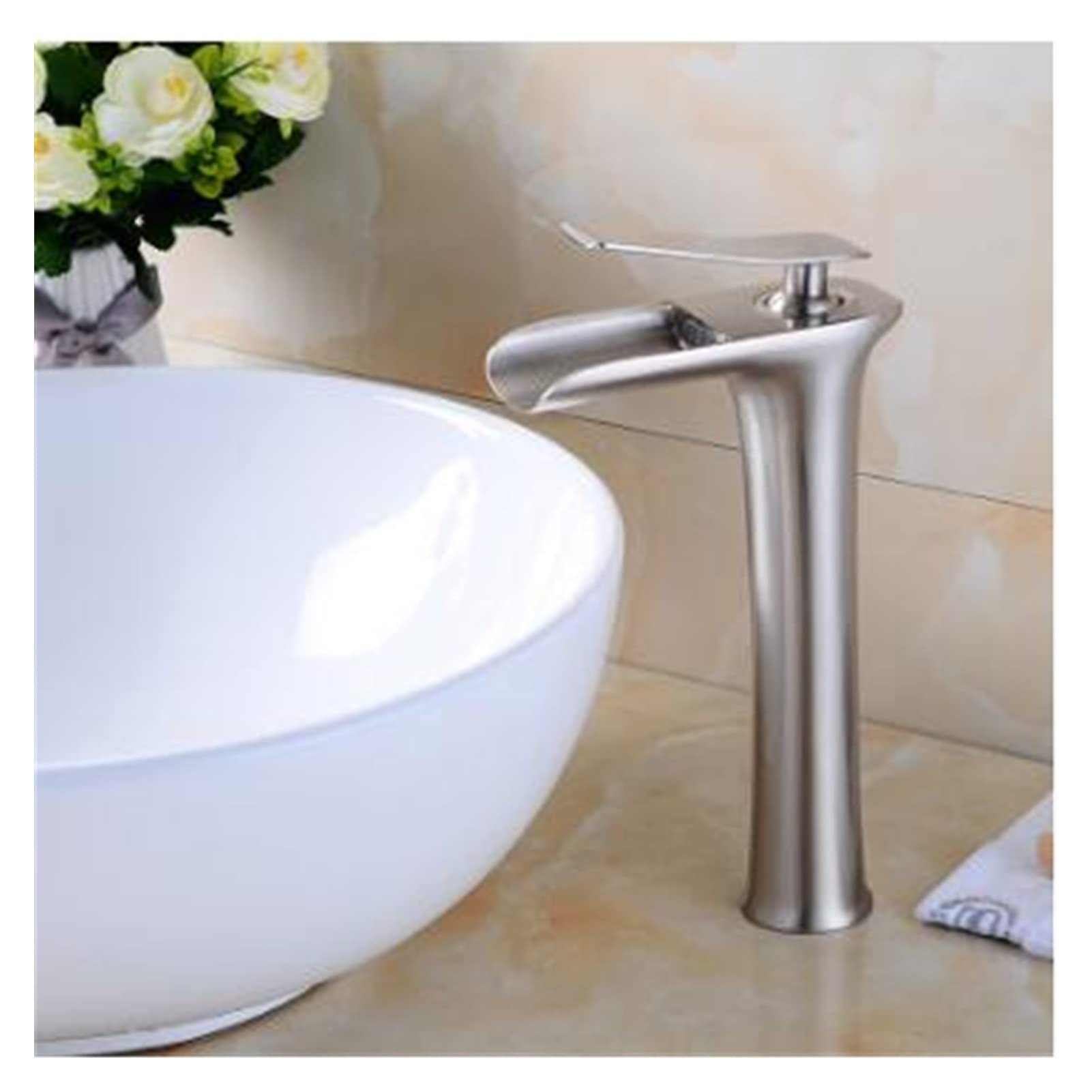 Mooilko Nickel Tall Antique Basin Faucets Waterfall Faucet Bathroom Faucet Single Handle Basin Mixer Tap Bath Antique Faucet Brass Sink Water Crane Easy To Install(Nickel Tall)