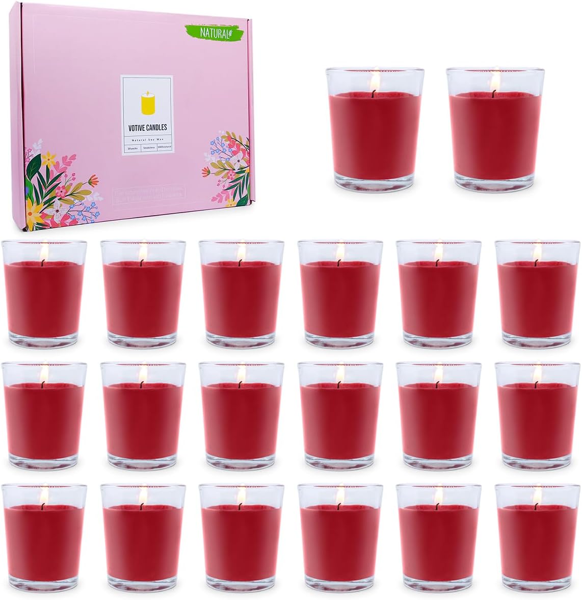 20 Packs Unscented Red Colored Votive Candles in Glass, Small 2 Inch Natural Soy Wax Non-Toxic Clean Burning Candles for Wedding Table Home Spa Holidays Party