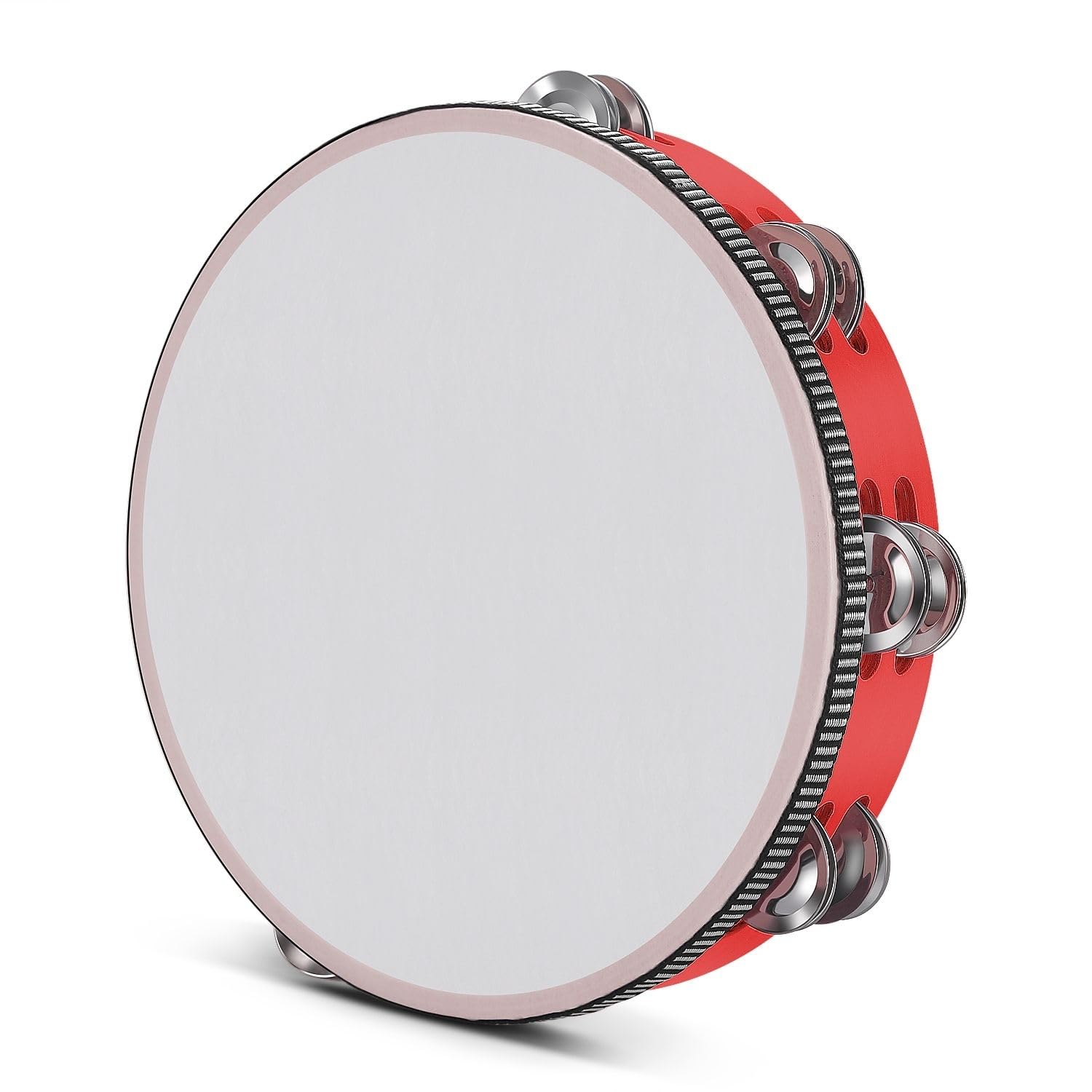 Flexzion 10-Inch Wood Tambourine for Adults, Double Row Jingles, Red