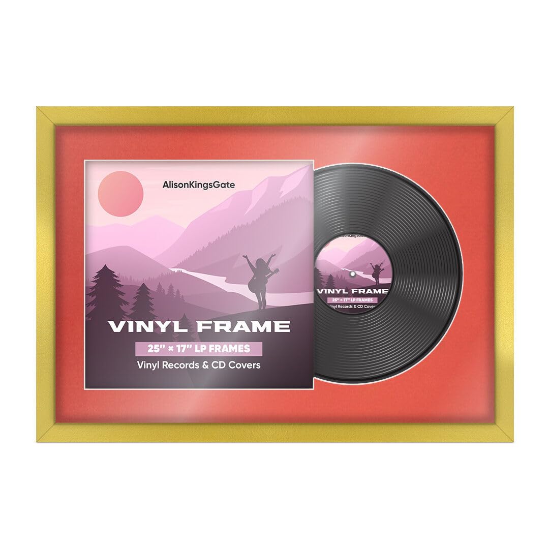 Alison Kingsgate 25×17" Vinyl Record Frame for 12 Inch LP Cover & Disc - Premium Sleek Display Photo Frames - Engineered Wood with Perspex Front - Goldwith Poppy Red Mount for Music Lovers