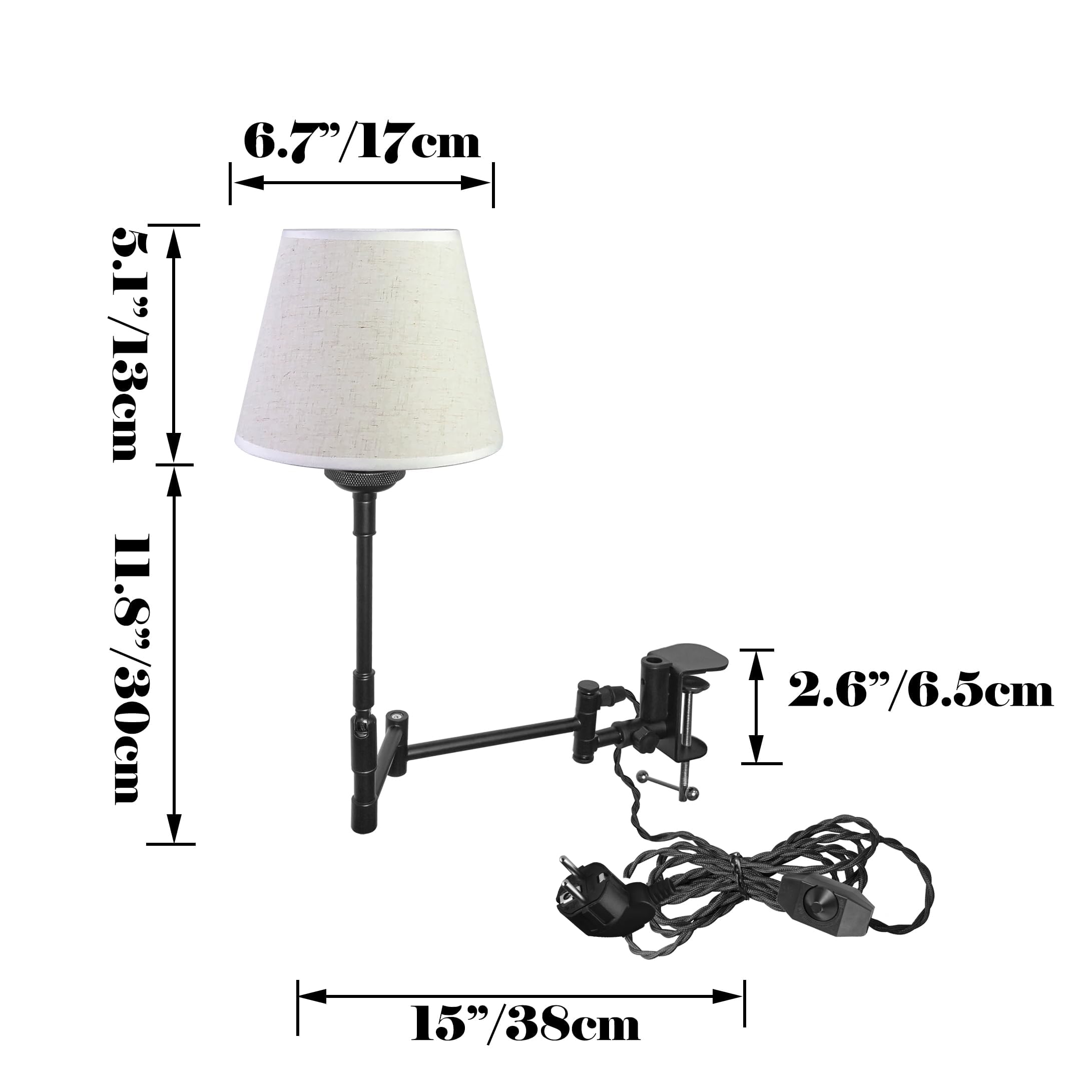 Lampada a morsetto industriale con 2,5 cavi interruttori, clip regolabile su lampada da lettura da scrivania, lampada da comodino, dimmerabile, con braccio flessibile, per scrivania, comodino