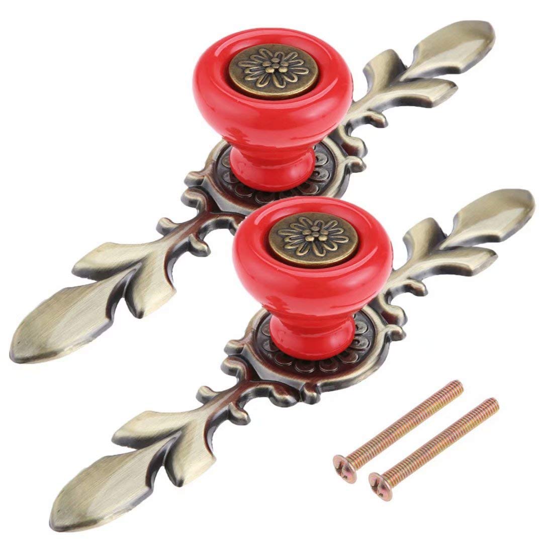 Fbshop(Tm) Red 2Pcs Vintage Furniture Handles Ceramic Cabinet Knobs And Handles Kitchen Cupboard Door Pull Handles Furniture Hardware Retro Handles Qc-Datg03