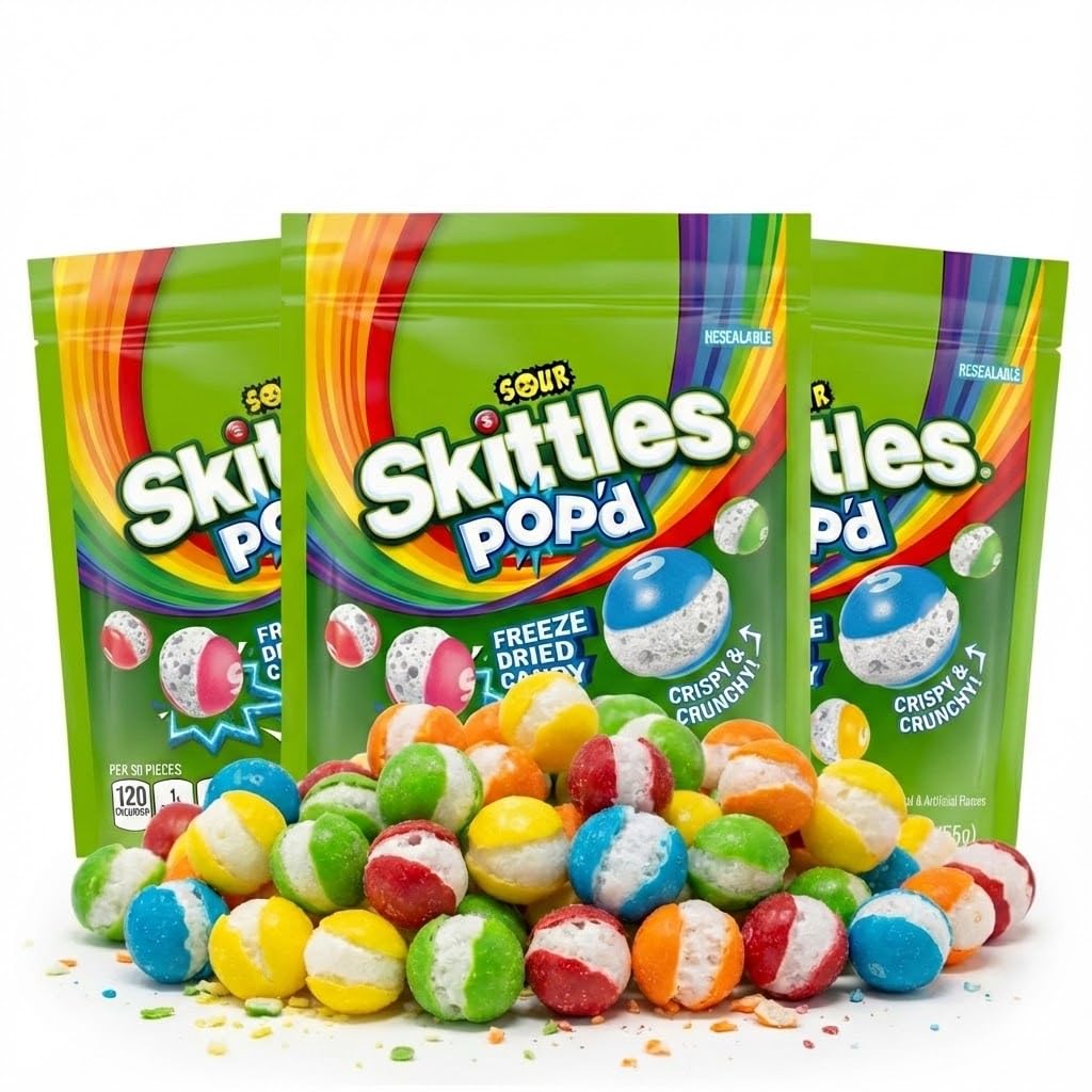 ASSORTIT X Skittles POP’D Sour Freeze Dried Candy, Bulk 3 Pack (5.5 Oz Each, Total 16.5 Oz), Crunchy Tangy Fruity Candy Snack, Resealable Bags