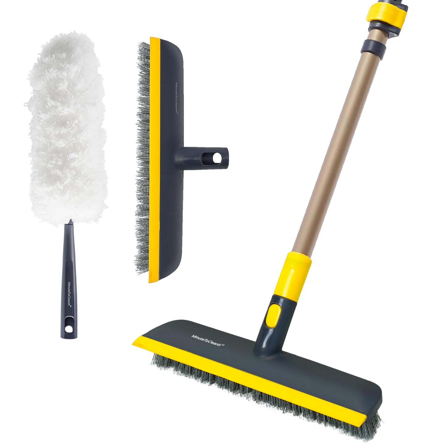 MinuteToCleanIt Floor Scrub Brush with Squeegee, 45.3-55.9" Extendable Handle, 11.8" Wide Head, for Tiles, Hardwood, Patio, Yellow (2 in 1 Brush with Duster)-image-21